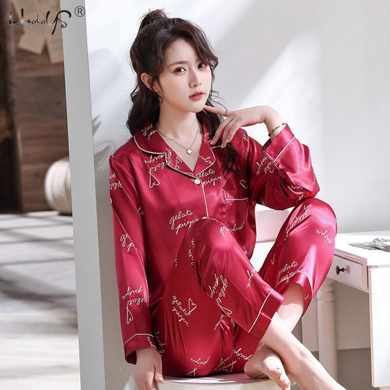 Couple Sleepwear Women Silk Satin Pajamas Sets Long Sleeve Pyjamas Sleepwear