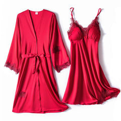 2PCS Lace Robe Gown Sets Strap Nightgown Satin Nighty Bathrobe