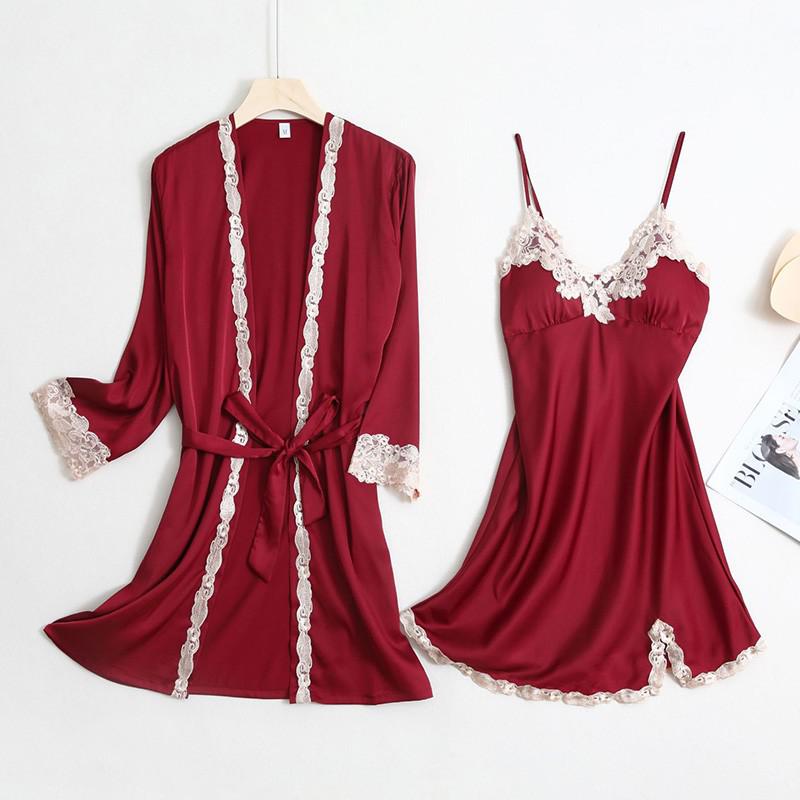 2PCS Lace Robe Gown Sets Strap Nightgown Satin Nighty Bathrobe