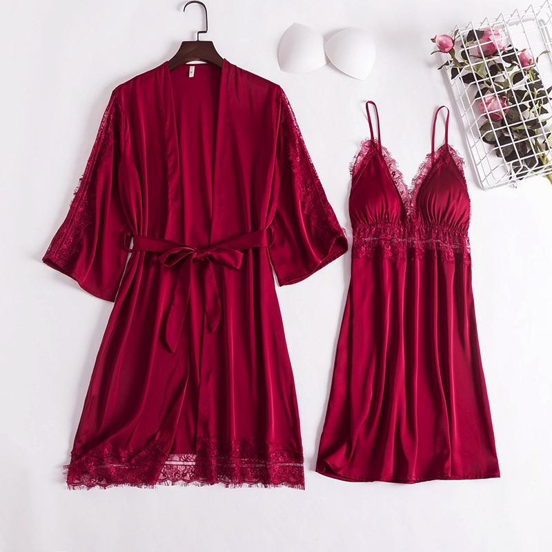 2PCS Lace Bathrobe Gown Sets Robe Bride Silky Satin Komono Strap Dress