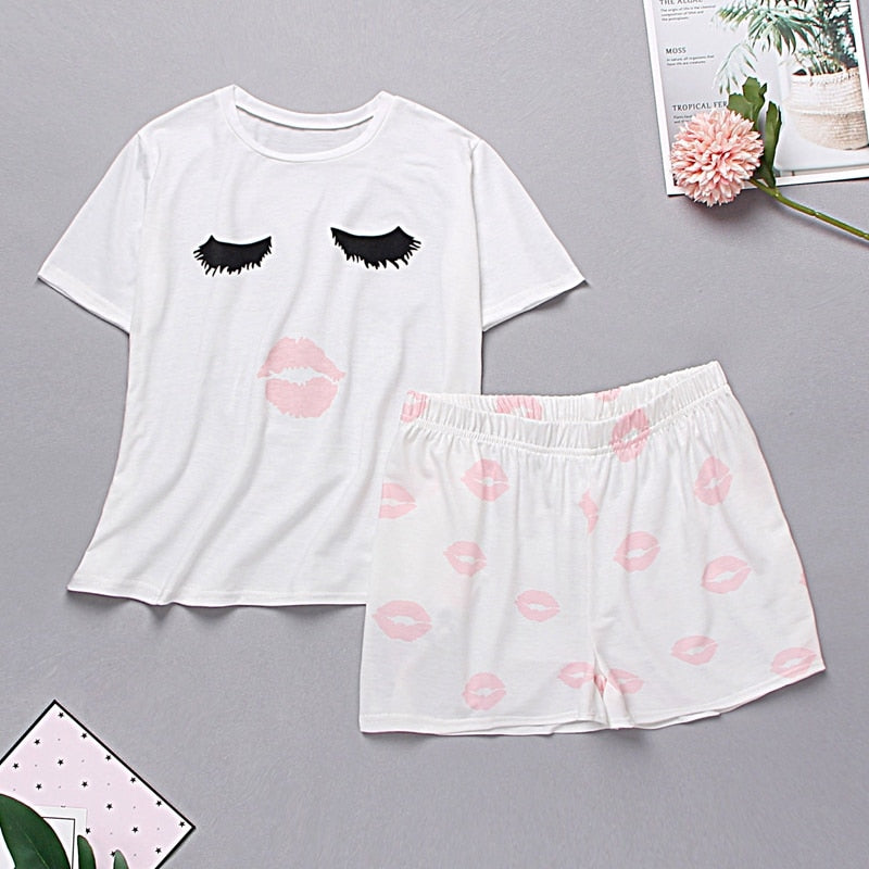 Lips Print Tshirt Cartoon Elastic Waist Shorts Casual Sleepwear