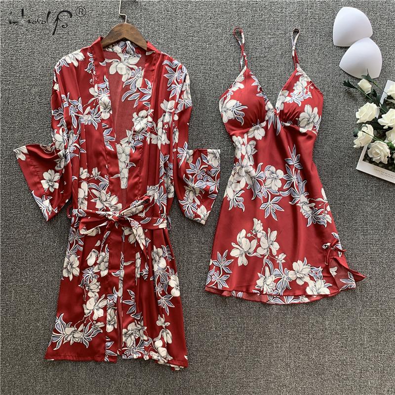 4 PCS Women Pajamas Sets Silk Satin Pajamas Sets