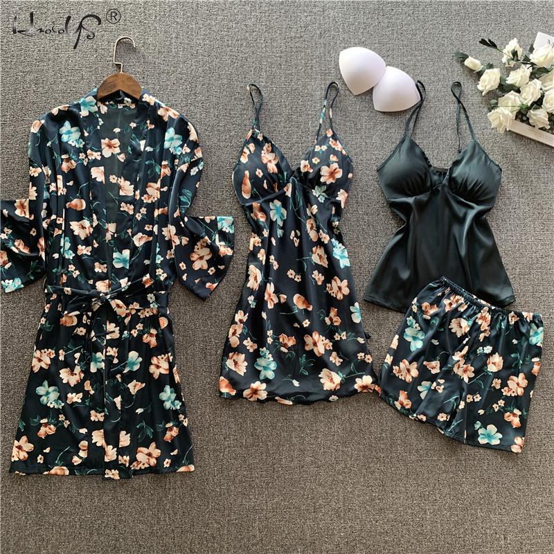 4 PCS Women Pajamas Sets Silk Satin Pajamas Sets