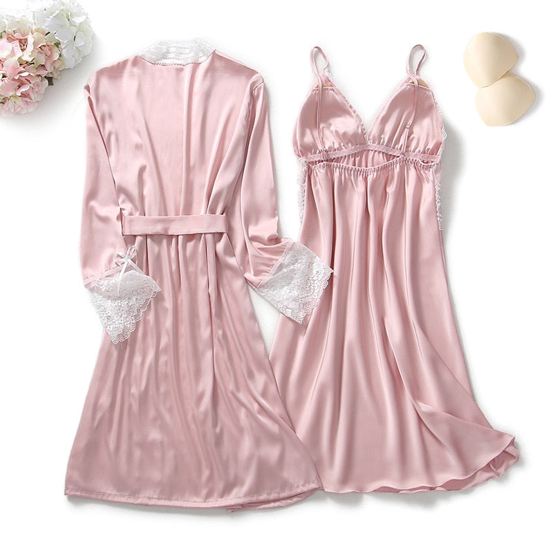 2PCS Lace Robe Gown Sets Strap Nightgown Satin Nighty Bathrobe