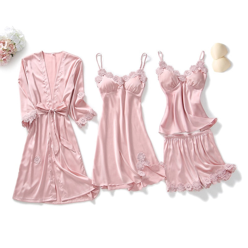 4PCS Pajamas Set V-Neck Negligee Sleep Wear Home Nightie