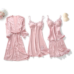 4PCS Pajamas Set V-Neck Negligee Sleep Wear Home Nightie