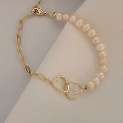 Stainless steel Chain Pearl Splicing Heart-Shaped Clasp Bracelets