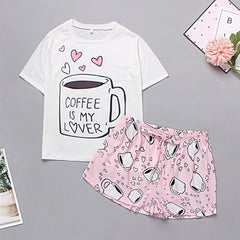 Lips Print Tshirt Cartoon Elastic Waist Shorts Casual Sleepwear