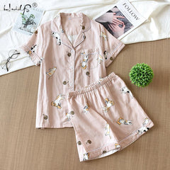 Cotton Pajamas Heart Stripe Print Short Sleeve Pajamas Sets