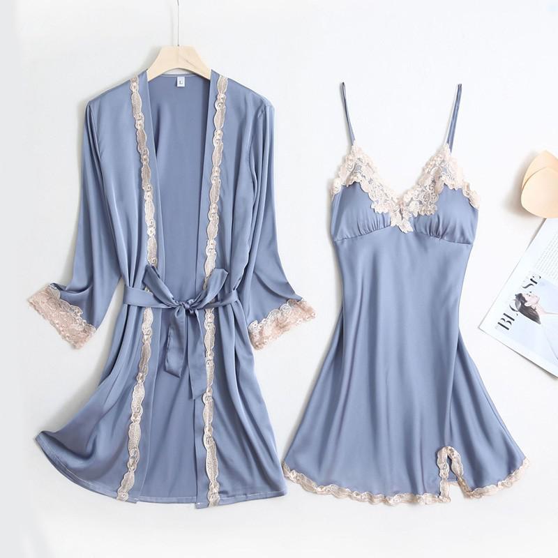 2PCS Lace Robe Gown Sets Strap Nightgown Satin Nighty Bathrobe