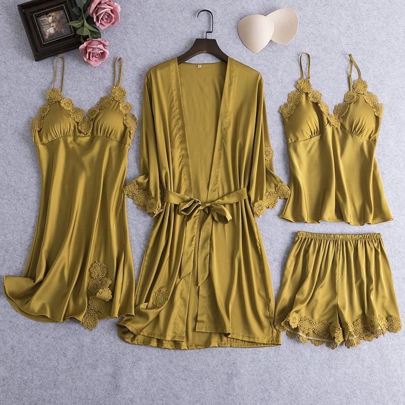 4PCS Womens Sleep Suit Satin Lace Pajamas Sets Nightgown