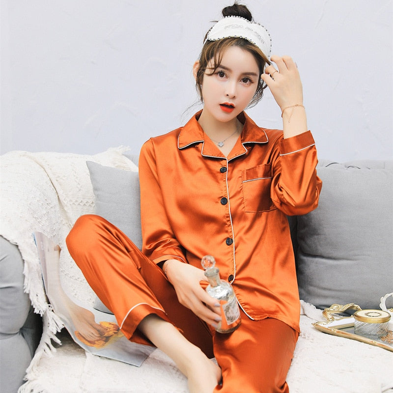 Solid Color Sleepwear Silk Satin Pajamas couple Set Long