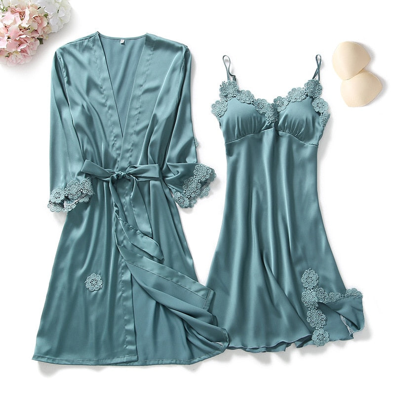 4PCS Pajamas Set V-Neck Negligee Sleep Wear Home Nightie