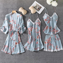 4PCS Print Robe Gown Sets Lace Sleepwear Sleep Suit