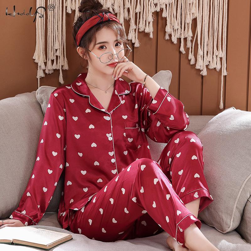 Couple Sleepwear Women Silk Satin Pajamas Sets Long Sleeve Pyjamas Sleepwear