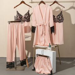 5PCS Pajamas Set Satin Lace Women Nightwear Sleep Suit