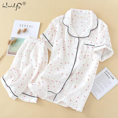 Cotton Pajamas Heart Stripe Print Short Sleeve Pajamas Sets