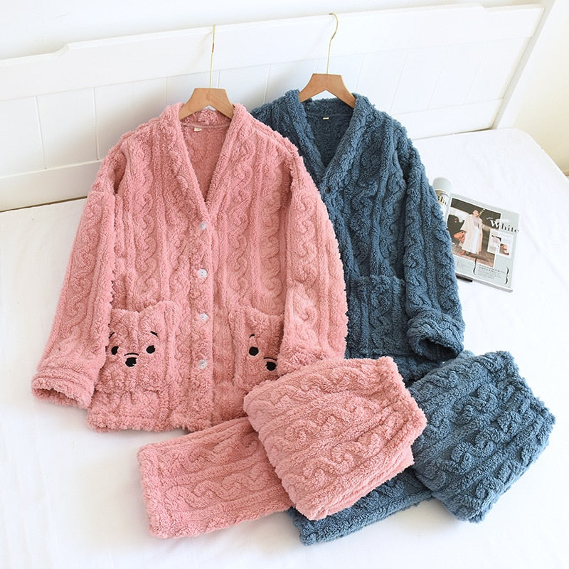 Couple Flannel Pajamas Women Winter Thick Warm Loungewear Sets