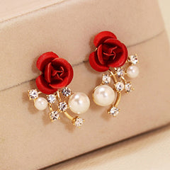 Fashion Red Rose Rhinestone Stud Earrings Flowers Jewelry