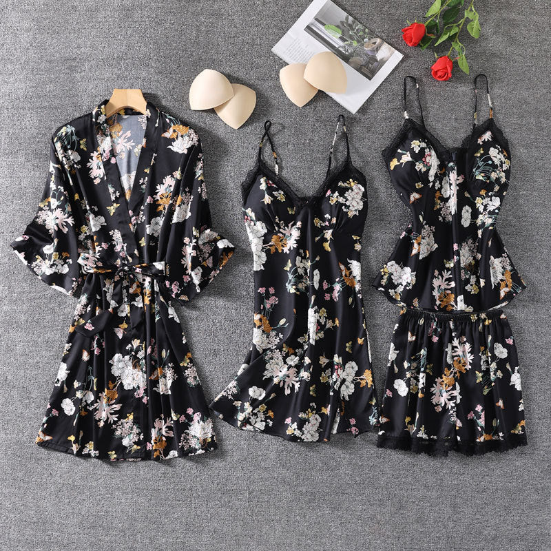 4PCS Print Robe Gown Sets Lace Sleepwear Sleep Suit