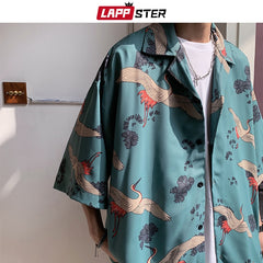 Y2k Crane Print Shirts Harajuku Tracksuits Vintage