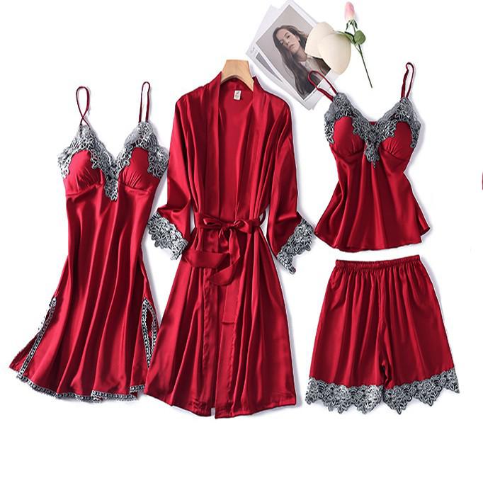 4PCS Print Robe Gown Sets Lace Sleepwear Sleep Suit