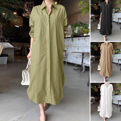 Stylish Solid Shirt Dress Casual Long Sleeve Maxi Lapel Robe Oversized