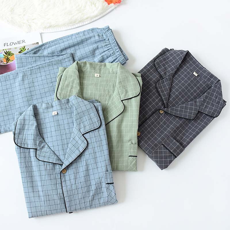 Men Washed Cotton Single-Layer Plaid Pajamas Set