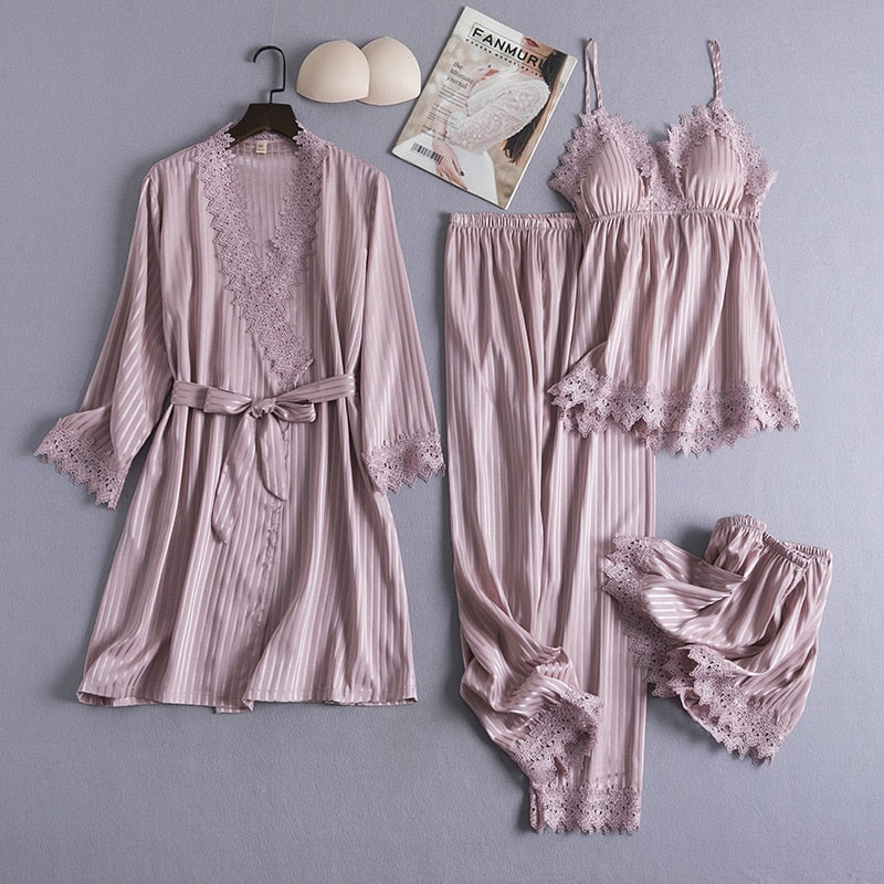 4PCS Womens Sleep Suit Satin Lace Pajamas Sets Nightgown