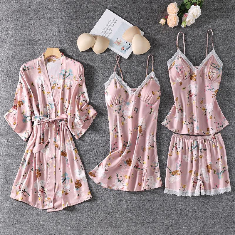 4PCS Print Robe Gown Sets Lace Sleepwear Sleep Suit