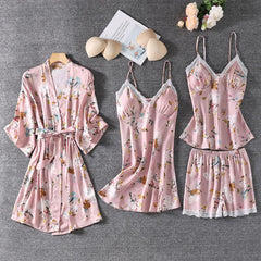 4PCS Print Robe Gown Sets Lace Sleepwear Sleep Suit