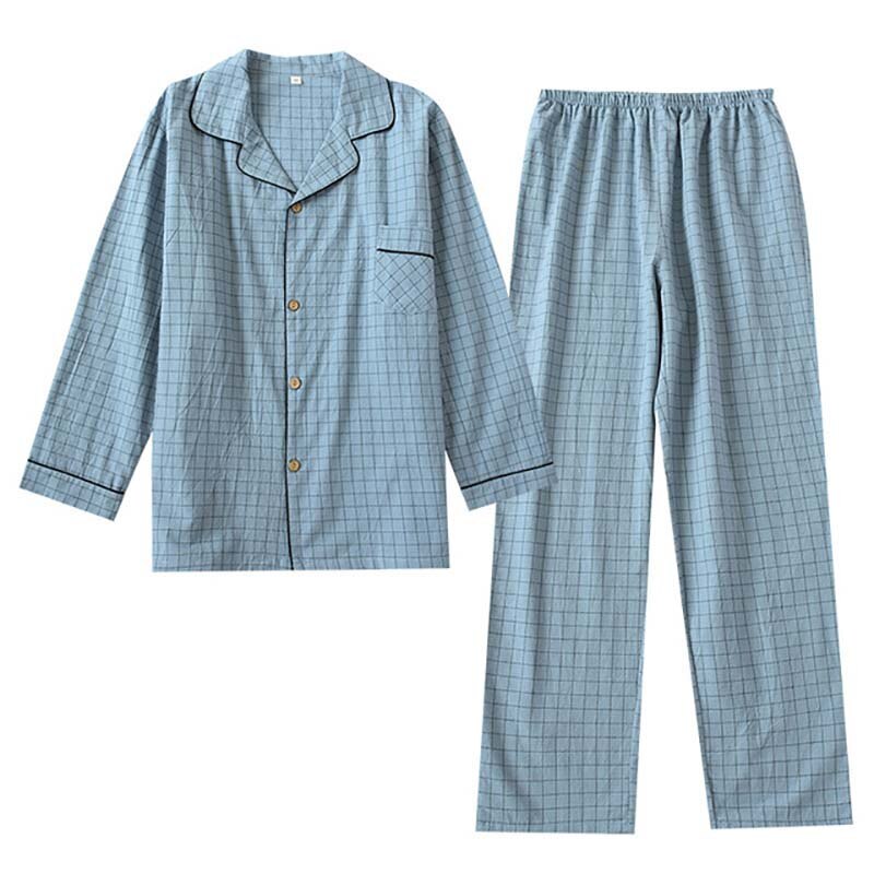 Men Washed Cotton Single-Layer Plaid Pajamas Set