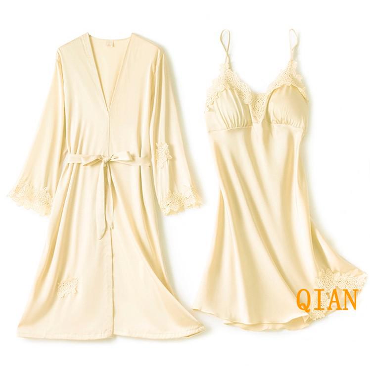 2PCS Lace Robe Gown Sets Strap Nightgown Satin Nighty Bathrobe