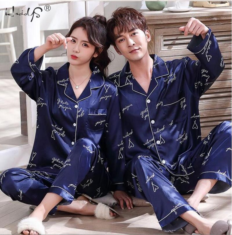 Couple Sleepwear Women Silk Satin Pajamas Sets Long Sleeve Pyjamas Sleepwear