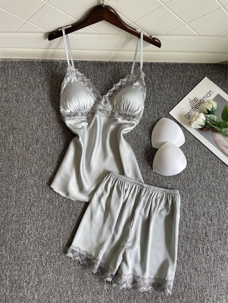 PJS Set Soft Sleepwear 2PCS Strap Top Shorts Satin Pajamas Set S