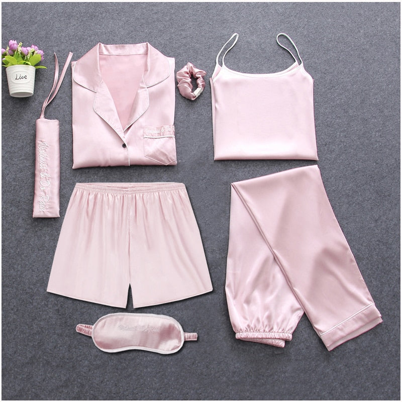 Strap Sleepwear Pyjamas Women 7 Pieces Pink Pajamas Sets Satin Silk Lingerie