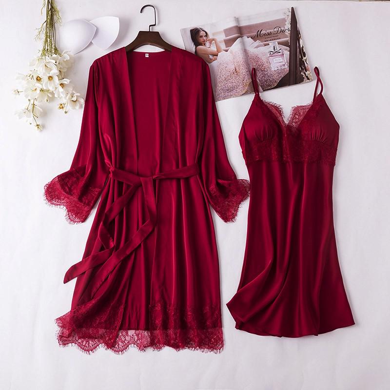 2PCS Lace Bathrobe Gown Sets Robe Bride Silky Satin Komono Strap Dress