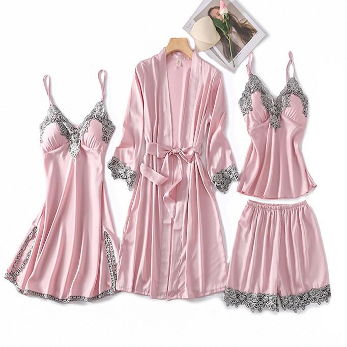 4PCS Print Robe Gown Sets Lace Sleepwear Sleep Suit