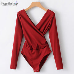 Fashion Bodysuits Long Sleeved V-neck Backless Rompers