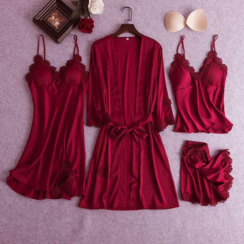 4PCS Womens Sleep Suit Satin Lace Pajamas Sets Nightgown