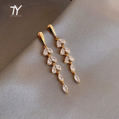 Shiny Zircon Tassel Leaf Shape Gold Color Earrings