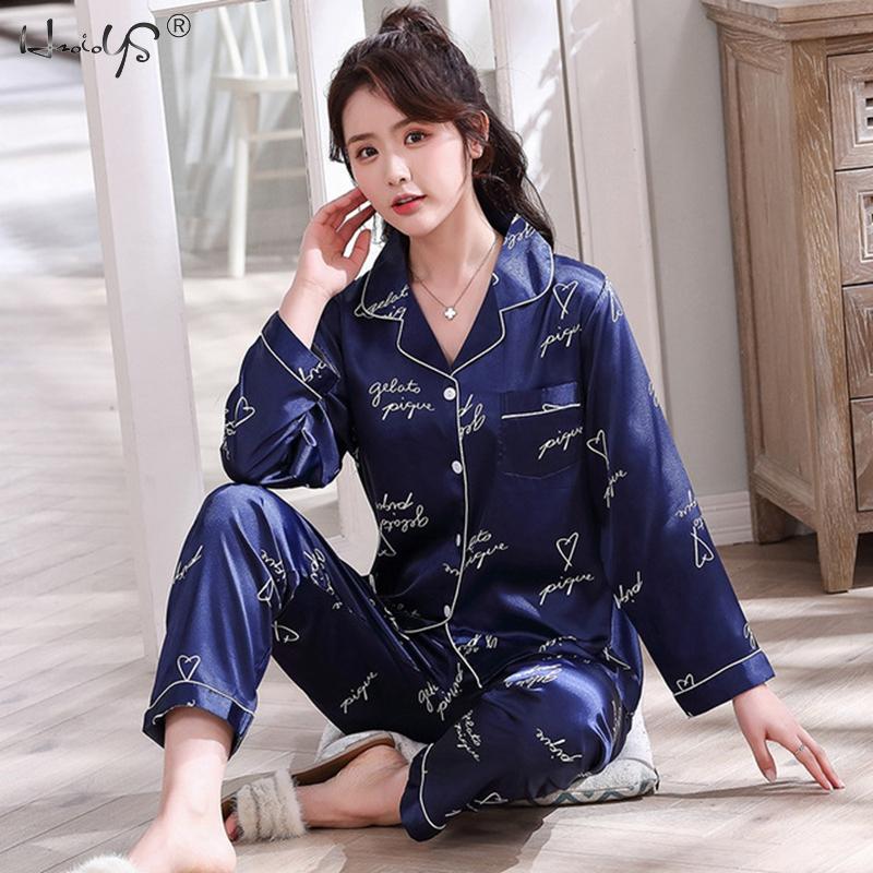 Couple Sleepwear Women Silk Satin Pajamas Sets Long Sleeve Pyjamas Sleepwear