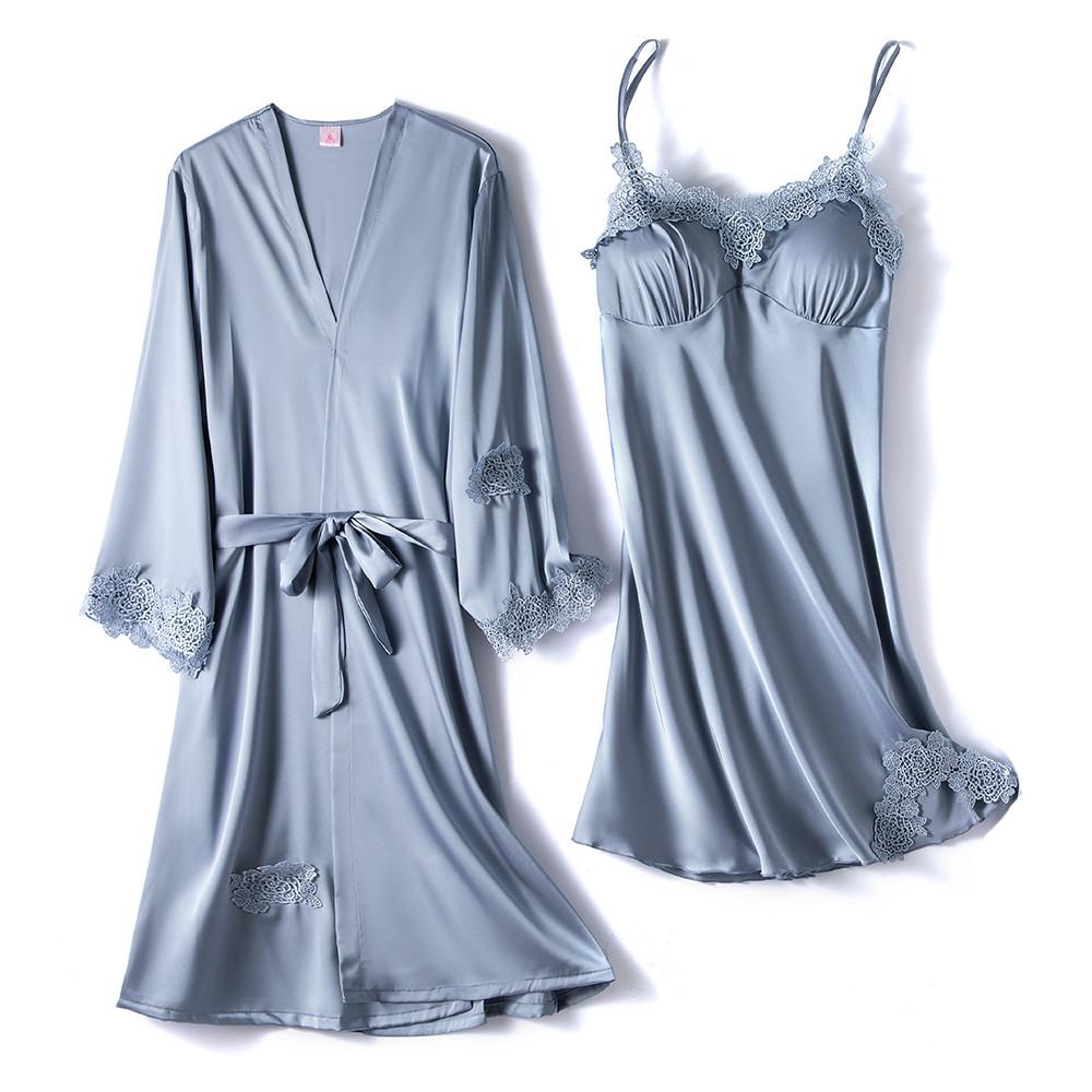 2PCS Lace Robe Gown Sets Strap Nightgown Satin Nighty Bathrobe