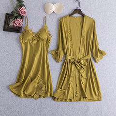 2PCS Lace Bathrobe Gown Sets Robe Bride Silky Satin Komono Strap Dress