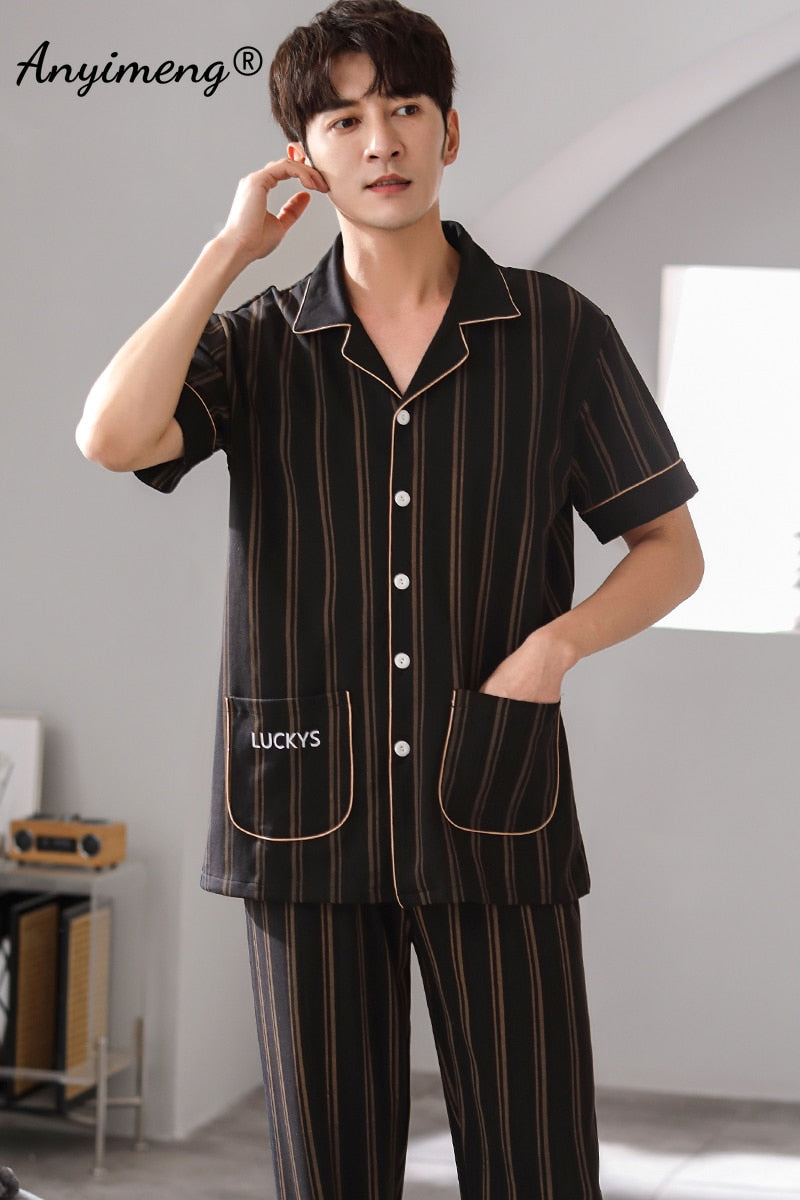 Man V-neck Cardigan Summer Pjs Cotton Elegant Printing Turn-down Collar