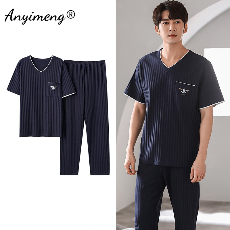 Cotton Men Pajama Sets Short Sleeve Long Pants Casual Loungewear