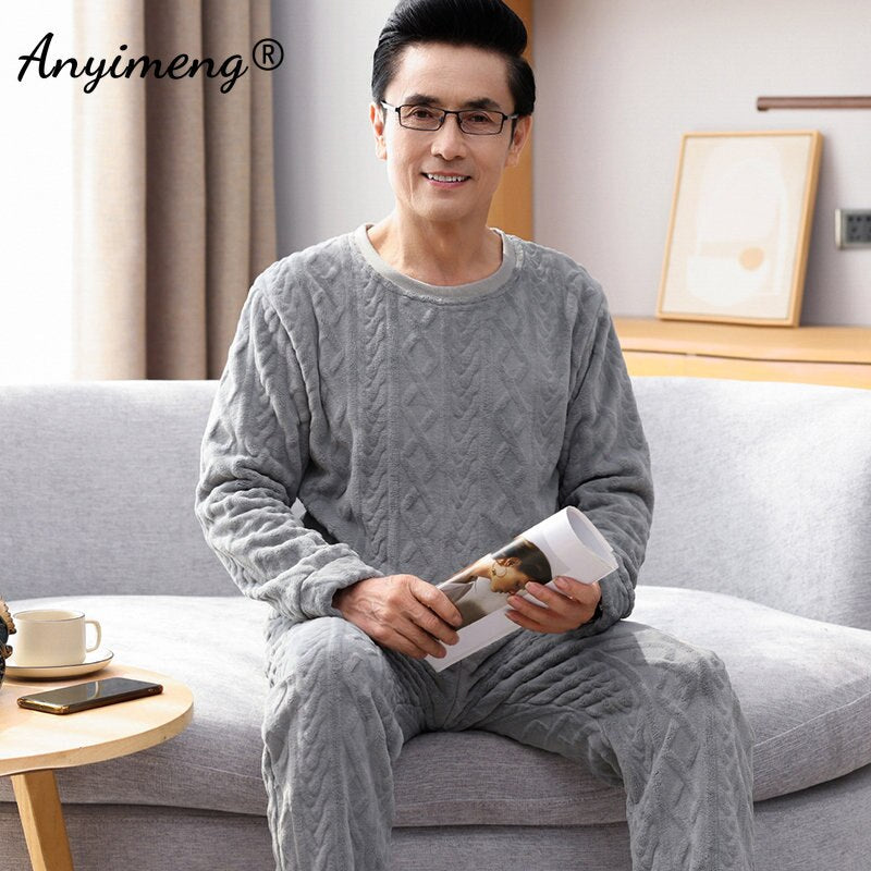 Plain Male Plain Pajamas Set Thick Sleep Tops Nightwear Long Sleeved