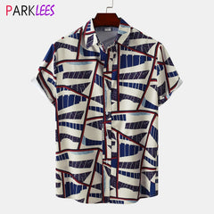 Pattern Print Hawaiian Shirt Men Short Sleeve Button