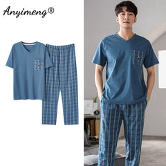 Cotton Men Pajama Sets Short Sleeve Long Pants Casual Loungewear