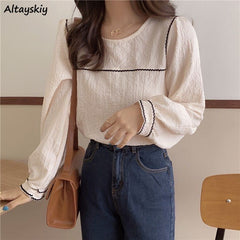 Blouse Stylish Ladies Top Chic Lantern Sleeve Solid O-neck